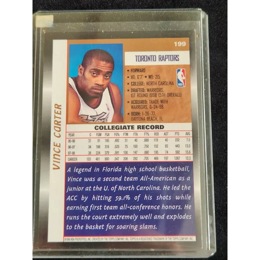 Vince Carter RC 1998-99 Topps #199 Rookie Toronto Raptors Basketball Card